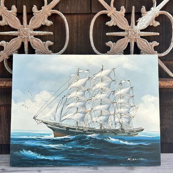 Other - Vintage Nautical Oil Painting “Ship at Sea” Signed by K. Raskell